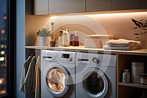 Modern laundry room setting with laundry basket and washing machine, perfect for household chores