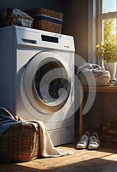Modern laundry room - washing machine. Generative AI
