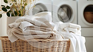 Modern laundry room with washing machine, laundry basket and towels. Bathroom interior