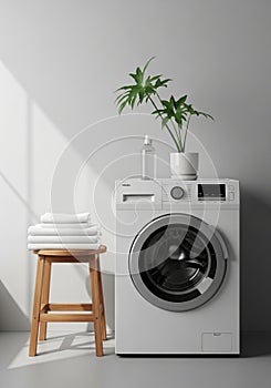 Modern laundry scene featuring a front-loading washing machine with a sleek design,