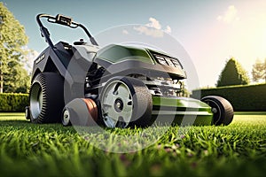 Modern lawnmower on beautiful manicured garden lawns
