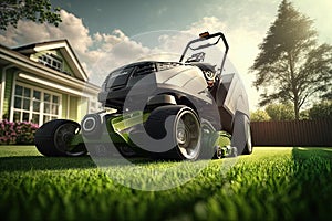 Modern lawnmower on beautiful manicured garden lawns