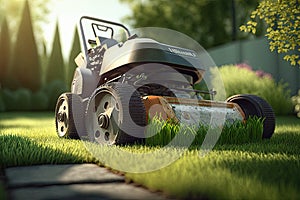 Modern lawnmower on beautiful manicured garden lawns