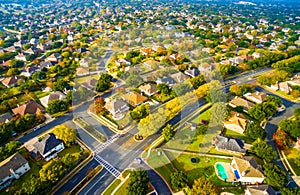 Modern Layout Suburban Neighborhood outside Austin Texas Aerial View photo