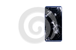 Modern LCD touch screen display mobile smartphone is cracked and broken after drop. Broken phone glass close up view, isolated