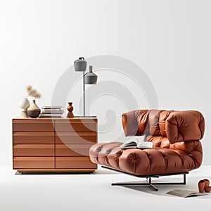 Minimalist Modern Living Room With Brown Armchair And Dada-inspired Constructions photo