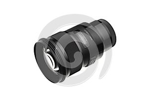 Modern lens with a focal length of 50 mm and aperture f 1.4 isolate on a white back