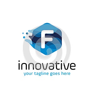 Modern letter F technology logo design vector with hexagon and blue wave motion concept. multimedia, digital, innovation, creative