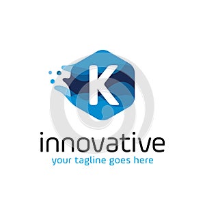 Modern letter K technology logo design vector with hexagon and blue wave motion concept. multimedia, digital, innovation, creative