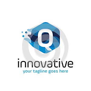 Modern letter Q technology logo design vector with hexagon and blue wave motion concept. multimedia, digital, innovation, creative