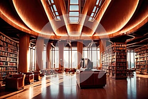 Modern library, book archive for education and storage of books and knowledge