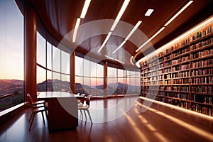 Modern library, book archive for education and storage of books and knowledge
