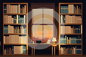 Modern library with bookshelf generative ai illustration. Librarians desk with desktop computer. Interior illustration