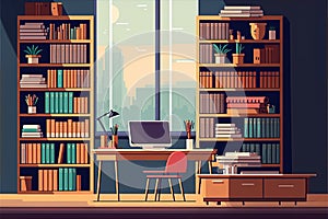 Modern library with bookshelf generative ai illustration. Librarians desk with desktop computer. Interior illustration