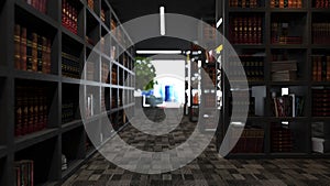 Modern library design consisting of black bookcases 3D rendering