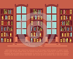 Modern library empty interior with bookcase, bibliotheca with bookselves vector illustration