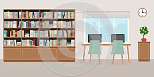 Modern library empty interior with bookcase, table, chairs and computers.