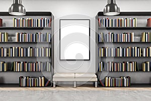 Modern library interior with bookcase, bench and mock up poster on wall.