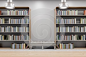 Modern library interior with bookcase, wooden flooring, bench and mock up place on wall.