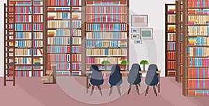 Modern library interior empty no people bookstore with bookshelves round table and chairs flat horizontal banner
