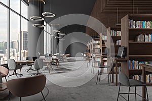 Modern library interior with table and chairs in row, bookshelf and window