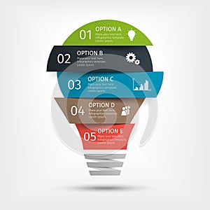 Modern light bulb infographic, 5 options. Template for presentation, chart, graph.