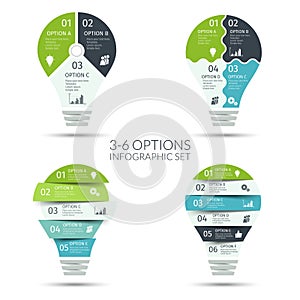 Modern light bulb infographic set. Business concept with 3 4 5 6 options, parts, steps or processes. Template for