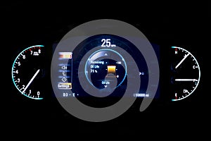 Modern light car mileage on black background 25 mph.