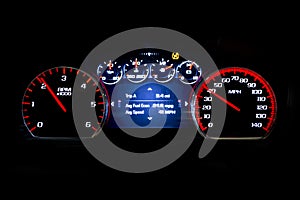 Modern light car mileage on black background Avr speed