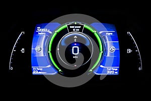 Modern light car mileage on black Battery indicator Total power