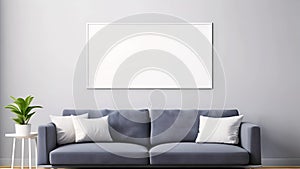 Modern light fashionable living room interior with large empty picture frame on white wall. Blue sofa with white pillows