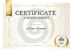 Modern light golden certificate template with golden floral pattern