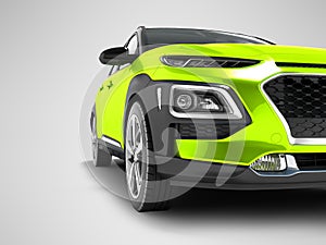 Modern light green car crossover for travel with black insets in front 3d render on gray background with shadow