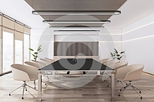 Modern light meeting room interior with office desk and chairs, panoramic window with city view, wooden floor and white walls. 3D