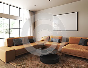Modern light pastel home interior with bright orange couch and scandinavian brown carpet. Big window. Mock up frame