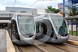 Modern light rail trams model Alstom Citadis public transport transit at Blagnac airport in Toulouse, France