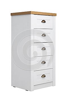 Modern light wooden chest of drawers on white. Furniture for wardrobe room