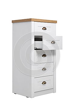 Modern light wooden chest of drawers on white. Furniture for wardrobe room