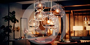 Modern lighting fixtures, a background with pendant lights, LED strips or decorative lamps, create the overall