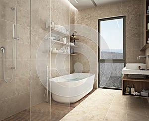 Modern limestone bathroom, bathtub and shower, shelves with bottles, big panoramic window