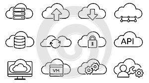 Modern line art cloud computing icon set featuring server, database, security, and API symbols for technology services