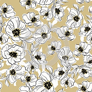 Modern line art floral seamless repeat pattern design, yellow beige background, rough line flower hand drawn repeat floral, dress,