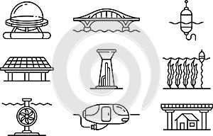 Modern linear icons set of marine technology and sustainable underwater engineering structures