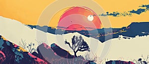 Modern linear illustration of retro graphic round desert joshua tree badge for t-shirts. Mountain and sunset landscape