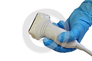 Modern linear ultrasound diagnostic probe held in doctor hand in blue sterile glove