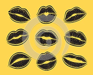 Modern Lips prints on a white background. Vector set of womans girl lipstick kiss mark.