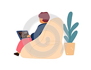 Modern little boy writing programming code use laptop vector flat illustration. Kid sitting on comfy armchair enjoying