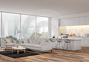 Modern Living, dining room and kitchen with city view 3d render