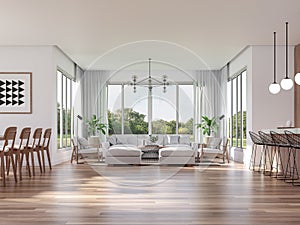 Modern Living, dining room and kitchen with nature view 3d render photo
