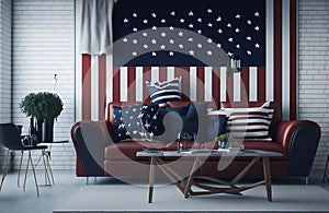 modern living room with american flag and red blue tone celebrating Independence Day 4th july concept